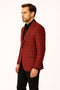 Alberto Nardoni men's red plaid blazer. Modern fit, single-button, notch lapels. Vivid red with dark windowpane check. Structured, tailored, woven fabric, slim fit.
