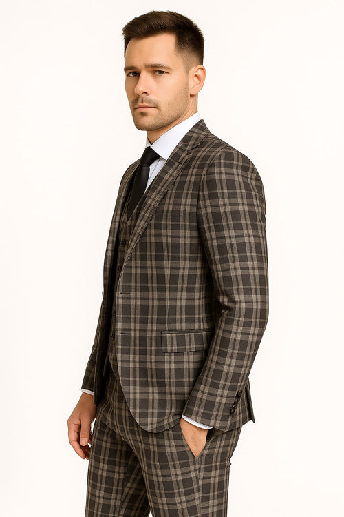 Men's Black and White Plaid Three-Piece Suit – Modern Slim Fit Tuxedo for Church and Business