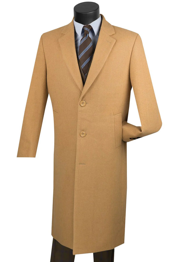 Men's camel wool-cashmere overcoat. Classic full-length, straight fit. Camel color, wool-cashmere blend. Notched lapel, two-button closure, single flap pocket, and vented long sleeves.
