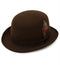 Men's brown wool derby hat. Classic design with rounded crown and narrow, upturned brim. Features a decorative feather accent.

