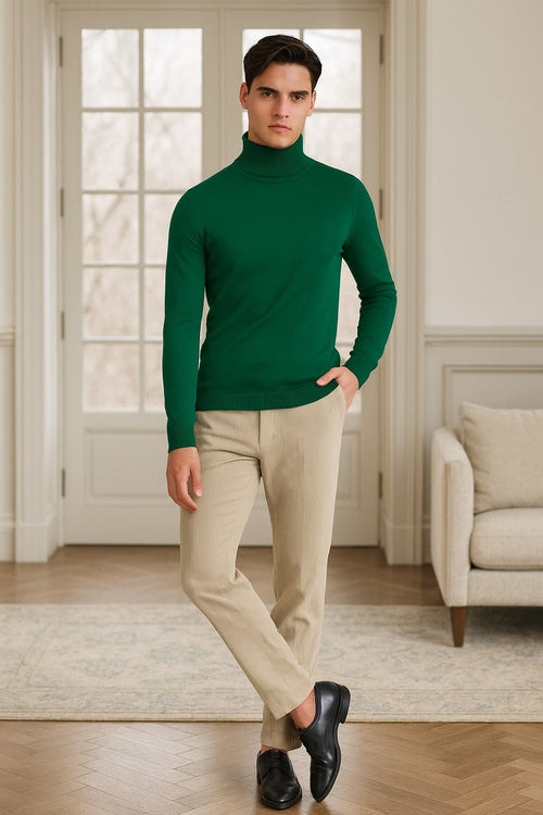 Men's emerald green turtleneck sweater. Slim fit, high neck, and ribbed hem. Smooth knit fabric provides a fitted silhouette.
