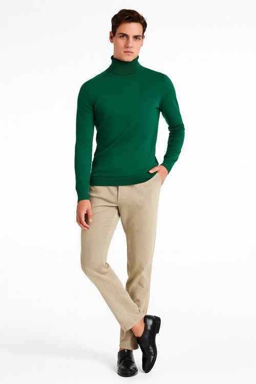 Men's slim fit emerald green turtleneck sweater. Classic design with a high, ribbed collar. Smooth knit fabric emphasizes body shape.
