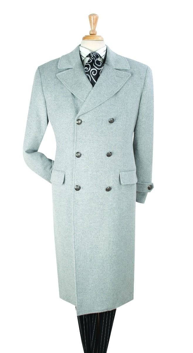 Mens Light Gray Double-Breasted Wool Overcoat â€“ Classic Long Dress Coat for Winter