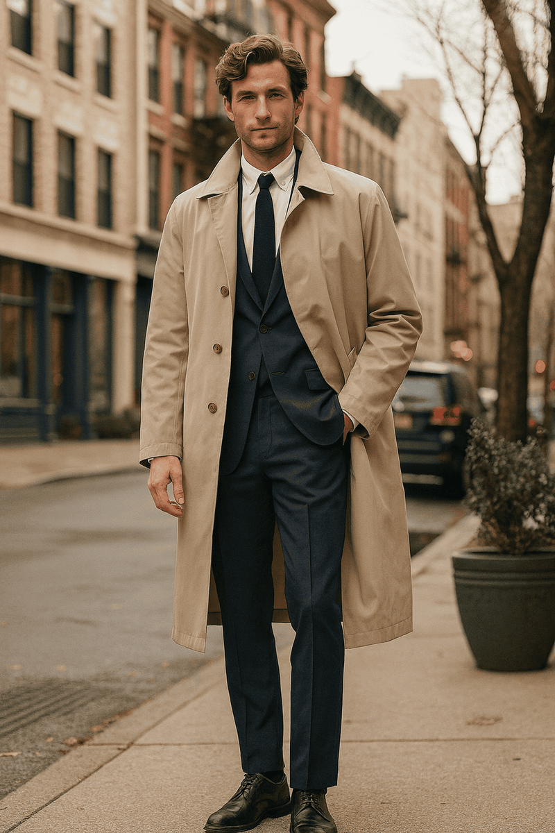 Khaki beige men's trench coat. Classic long overcoat design with button front closure. Features a structured silhouette and tailored fit.
