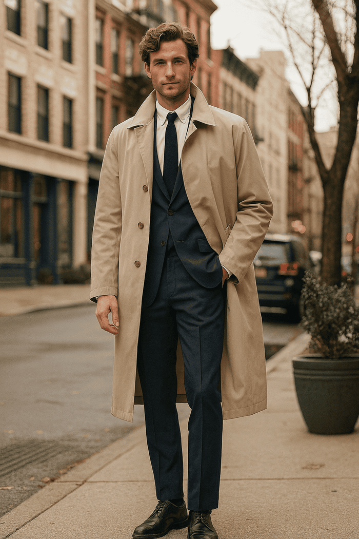 Khaki beige men's trench coat. Classic long overcoat design with button front closure. Features a structured silhouette and tailored fit.
