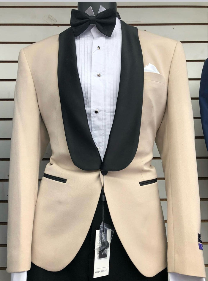 Mens Champagne Light Tan Tuxedo Jacket with Black Shawl Lapel Classic One-Button Formal Dinner Jacket - Nude Color