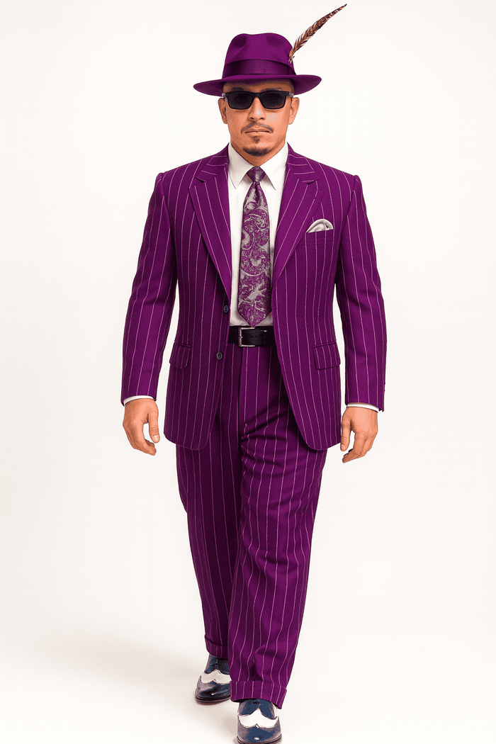 Purple pinstripe zoot suit: three-piece design (jacket, trousers, vest). Peak lapel jacket with structured fit. Loose trousers. Smooth, deep purple fabric with white pinstripes. Includes patterned tie & pocket square.
