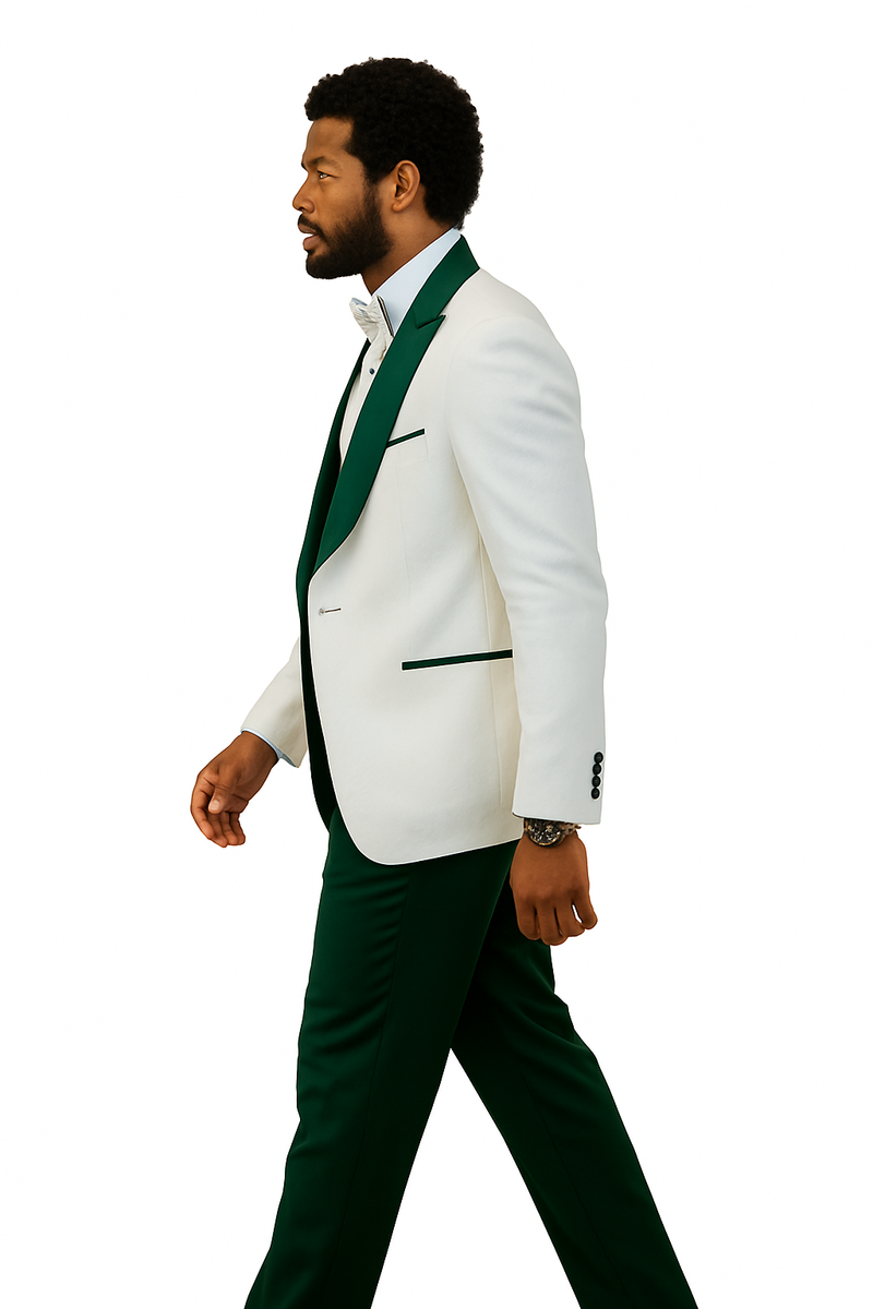 White & hunter green tuxedo jacket w/ peak lapel, wool pants, & shawl vest. Features green-trimmed pockets & bow tie for a formal look.

