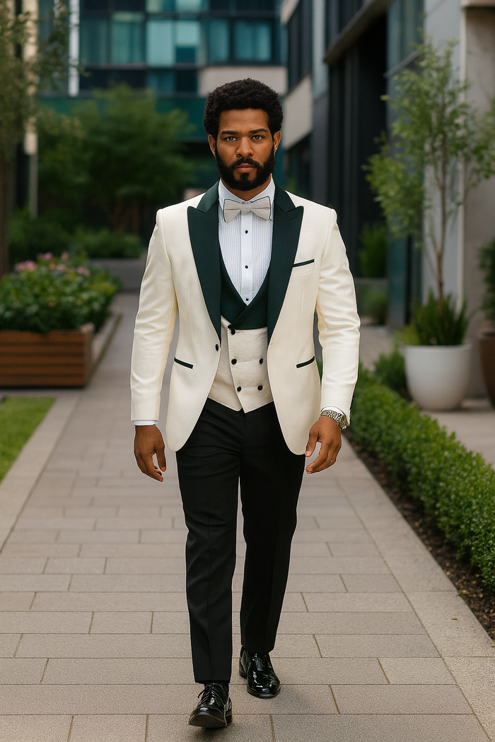 White tuxedo jacket with black peaked lapel, matching vest and black wool pants. Includes bow tie. Jacket features black pocket accents, vest has front buttons.

