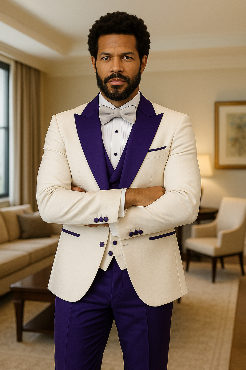 Hilton tuxedo: Cream paisley jacket with purple lapels/details, matching vest, and wool pants. Purple buttons. Sophisticated formal wear.
