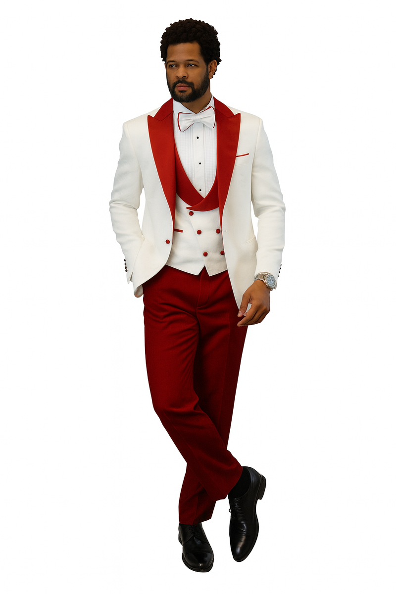 Hilton's white tuxedo: red paisley shawl collar jacket, matching vest, wool pants. Includes a white bow tie. Stylish formal wear.
