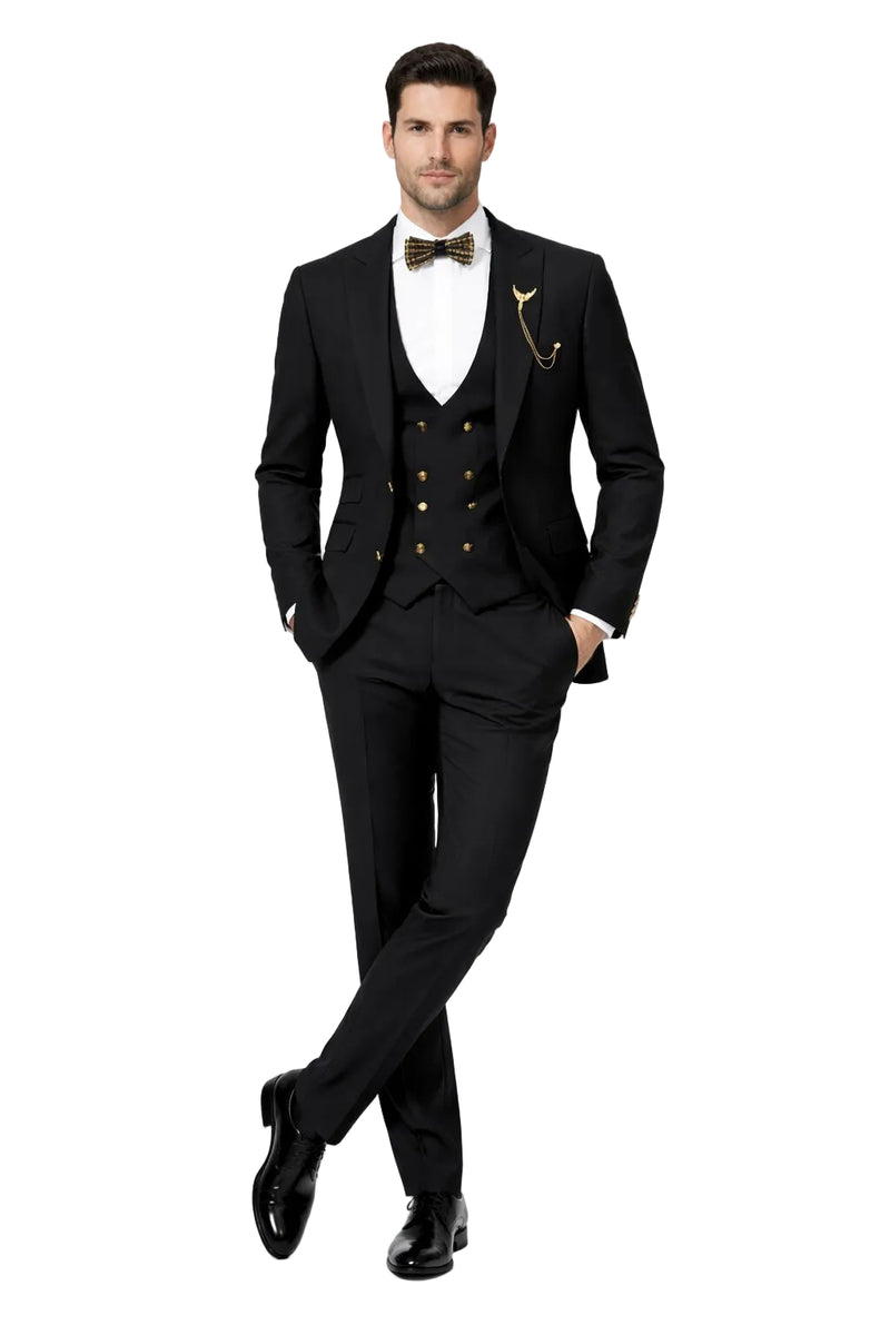 Mens Two Button Peak Lapel Suit Black