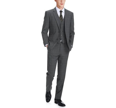 Renoir Clothing - Renoir Suit - Renoir Fashion - Performance 3-piece Classic Fit Grey Windowpane Check Renoir Suit