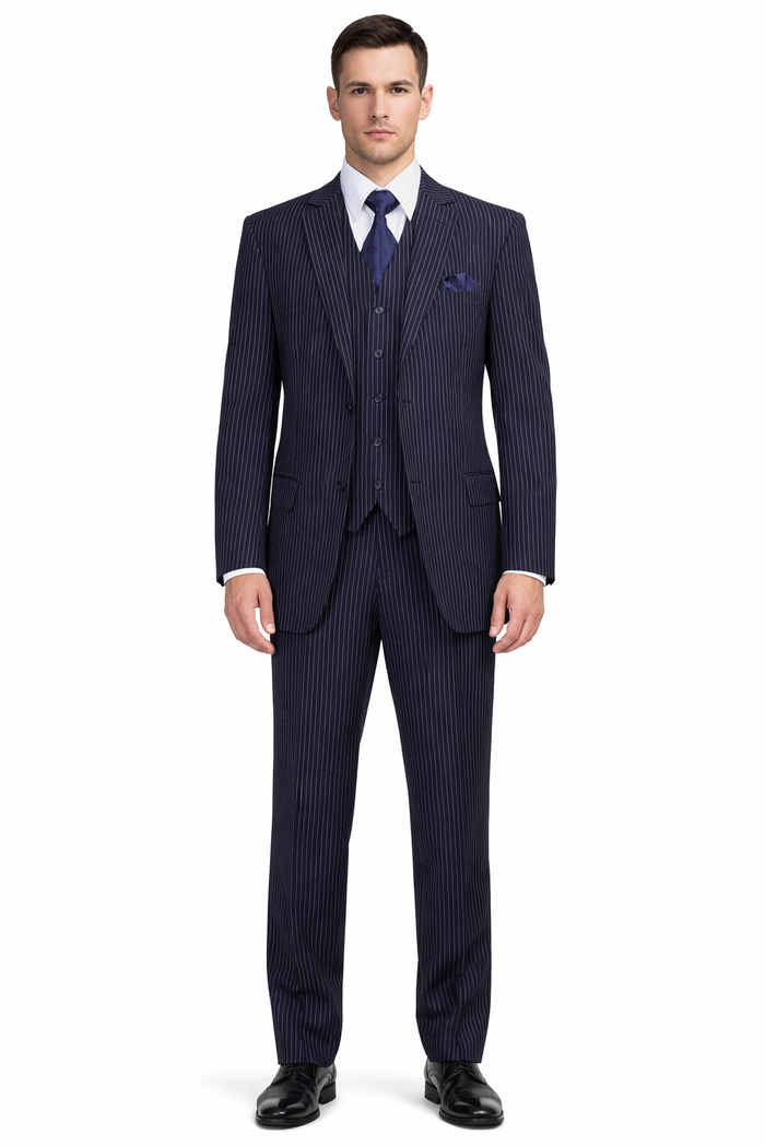 Classic Fit Pleated Pants - 2 Button Suit Pinstripe - Vested Suit 3 Pieces Suits Navy
