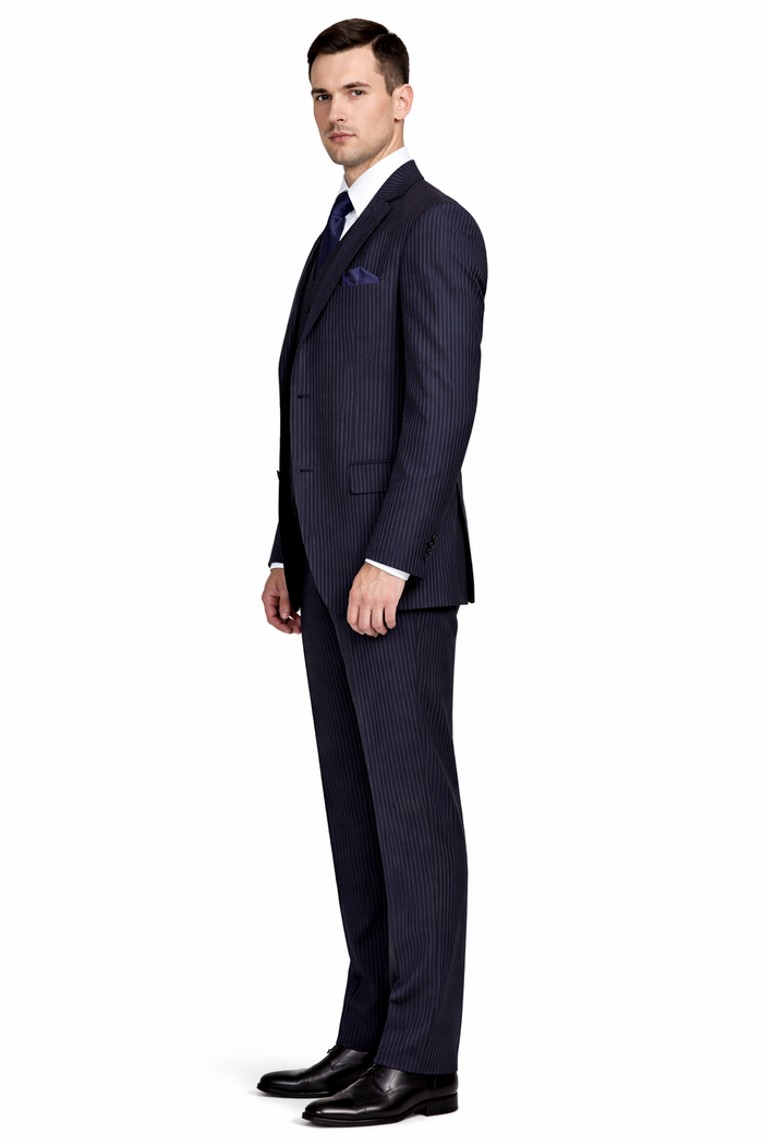 Classic Fit Pleated Pants - 2 Button Suit Pinstripe - Vested Suit 3 Pieces Suits Navy