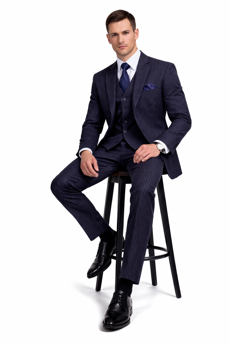 Classic Fit Pleated Pants - 2 Button Suit Pinstripe - Vested Suit 3 Pieces Suits Navy