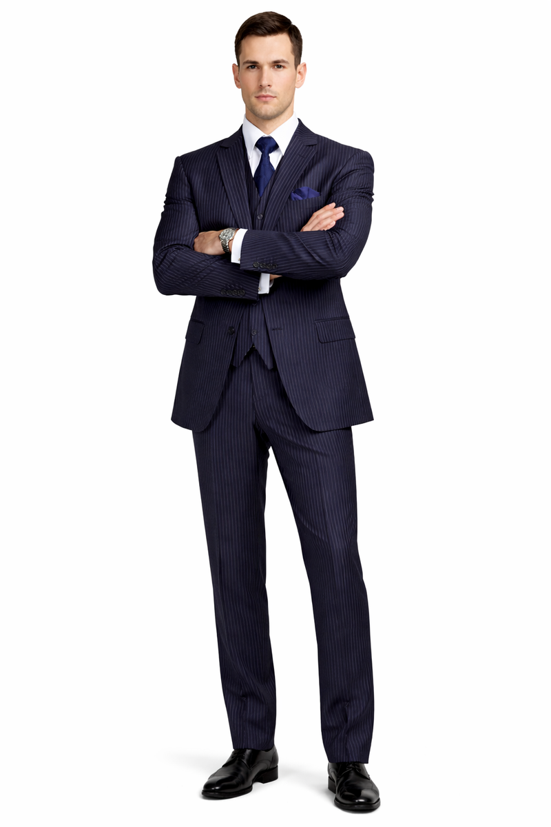 Classic Fit Pleated Pants - 2 Button Suit Pinstripe - Vested Suit 3 Pieces Suits Navy