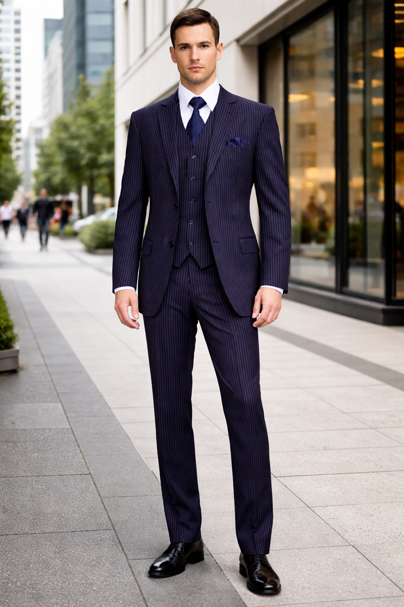 Classic Fit Pleated Pants - 2 Button Suit Pinstripe - Vested Suit 3 Pieces Suits Navy