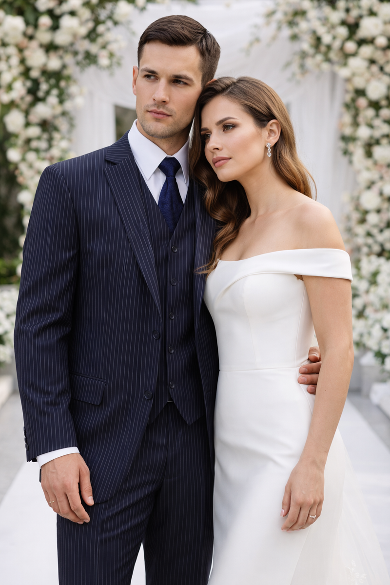 Classic Fit Pleated Pants - 2 Button Suit Pinstripe - Vested Suit 3 Pieces Suits Navy