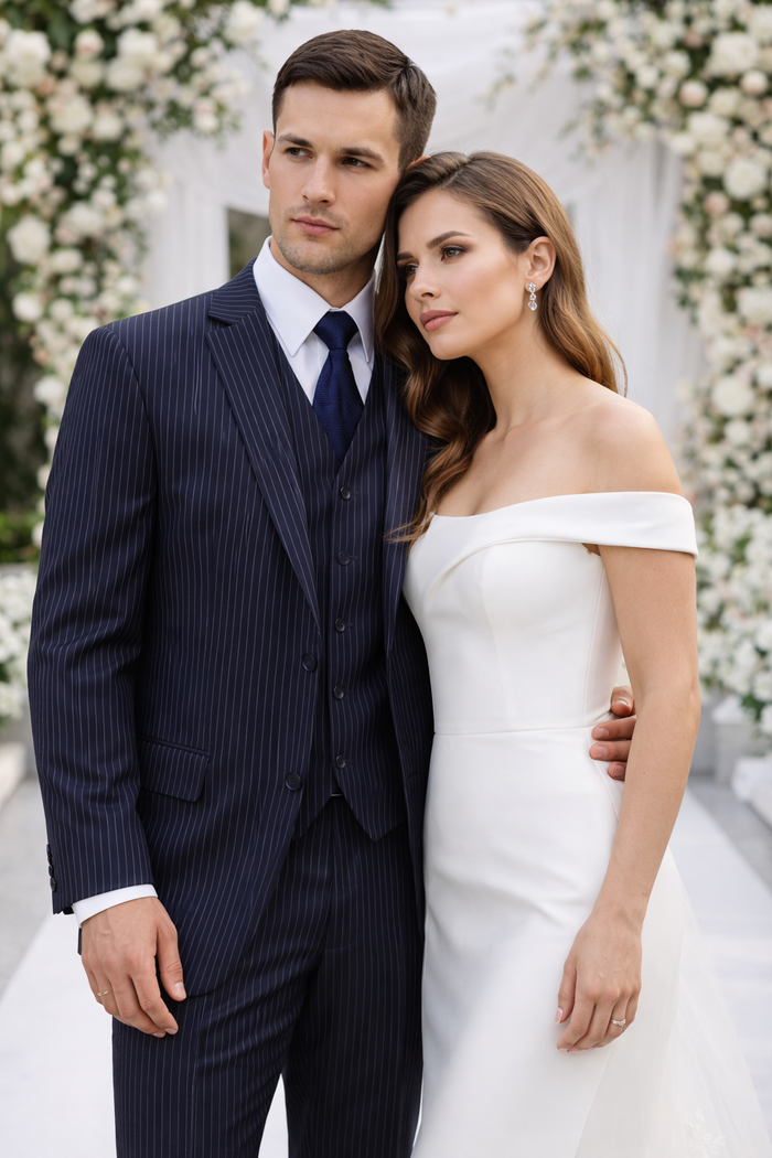 Classic Fit Pleated Pants - 2 Button Suit Pinstripe - Vested Suit 3 Pieces Suits Navy