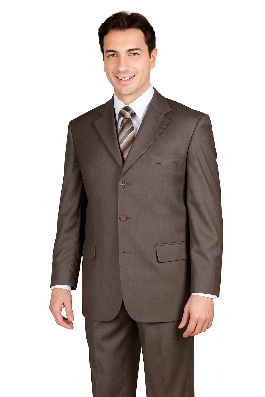 Classic Men's 3-Button Wool Pinstripe Suit in Brown