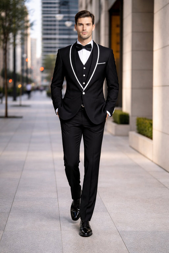 Mens One Button Satin Trim Shawl Tuxedo in Black & White