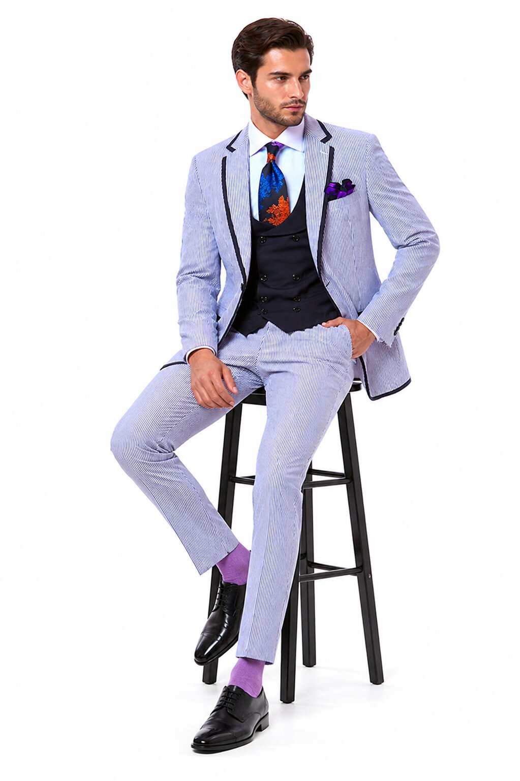 Men's One Button Vested Fashion Seersucker Suit with Double Breasted Vest in Blue