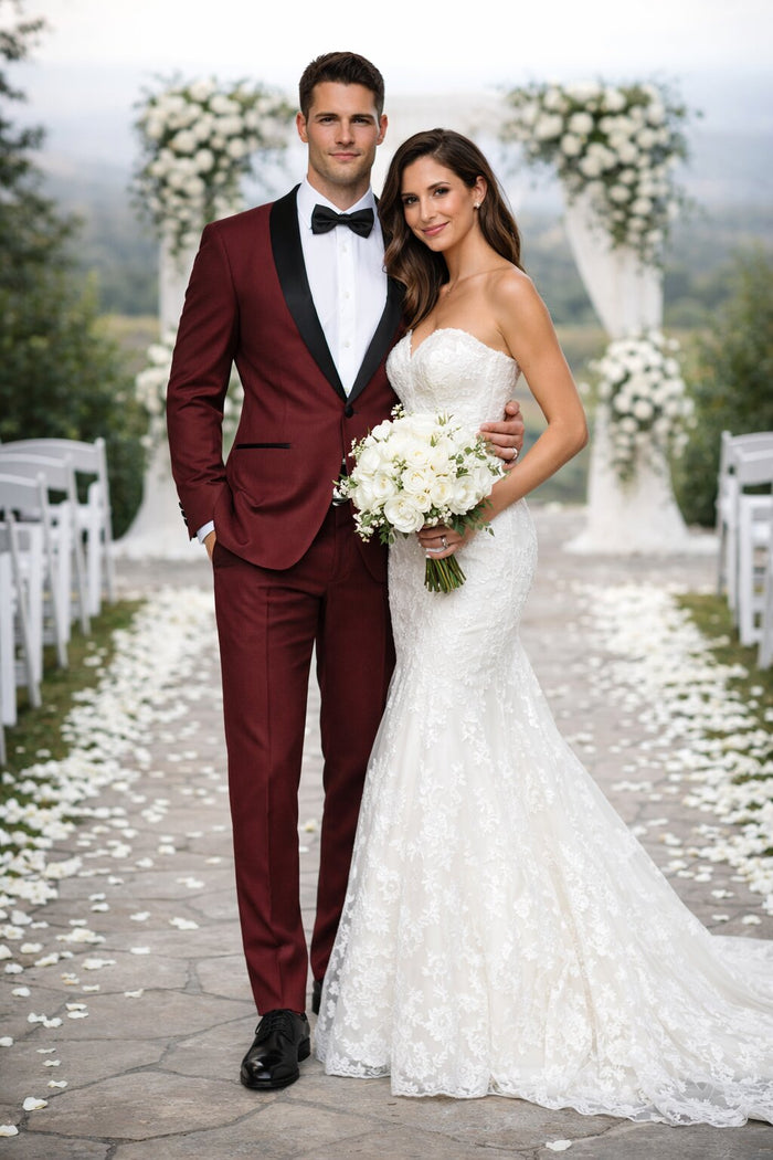 Mens Slim Fit 1 Button Shawl Tuxedo in Burgundy