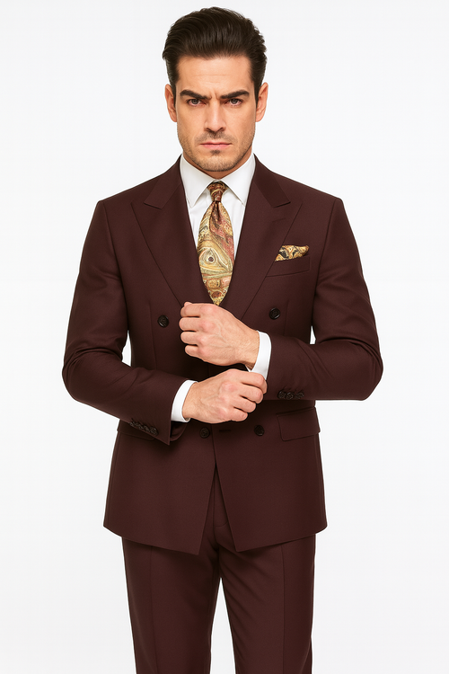 Double Breasted Suits - Vested Suits Wool Fabric - Apolo King Brand - Solid Brown Suit