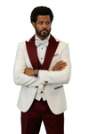Hilton White and Burgundy Paisley Peak Lapel Tuxedo Jacket with Matching Shawl Vest and Wool Pants – Includes Bow Tie