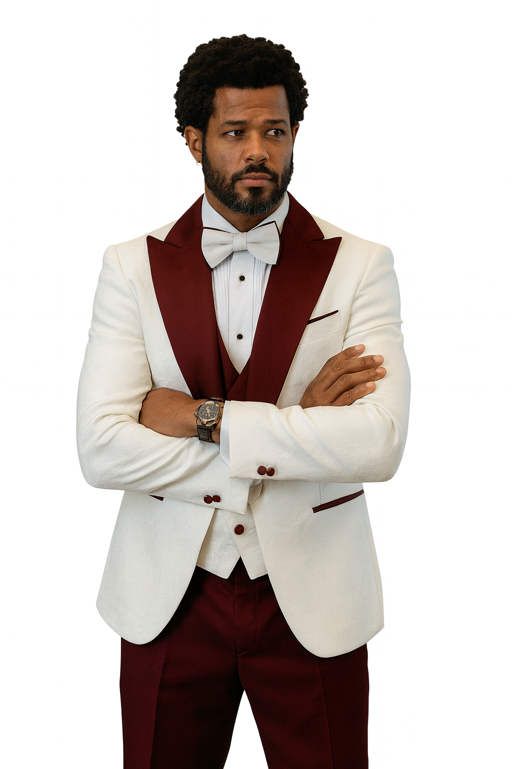 Hilton White and Burgundy Paisley Peak Lapel Tuxedo Jacket with Matching Shawl Vest and Wool Pants – Includes Bow Tie