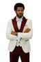 Hilton tuxedo jacket: white paisley, burgundy shawl vest. Includes matching wool pants and bow tie. A stylish and complete formal ensemble.
