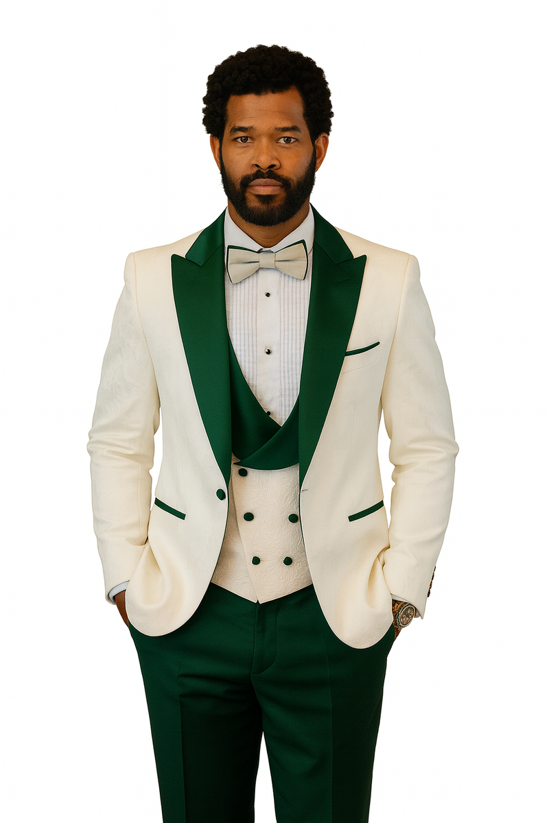 Hilton white peak lapel tuxedo jacket with green accents (pocket flaps, lapel detail). Includes matching hunter green shawl vest (textured) and wool pants. Bow tie included.
