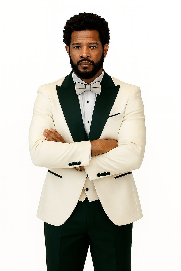 Hilton tuxedo: Cream paisley jacket w/ black lapels, matching shawl vest, wool pants. Structured, tailored fit. Includes bow tie.
