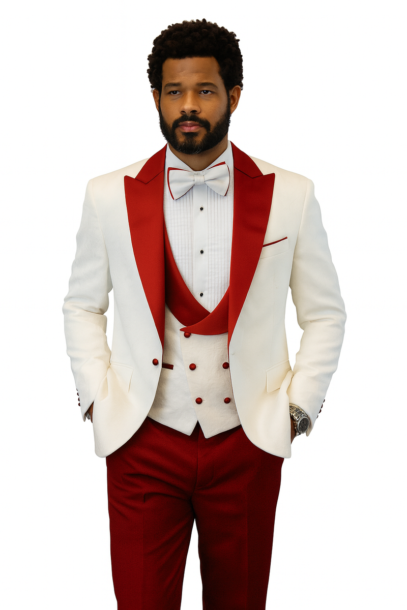 White tuxedo jacket with red lapels, shawl vest, and wool pants. Includes single-button closure, pockets, and red bow tie. Worn with a textured white dress shirt for a formal, tailored look.
