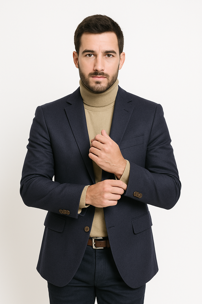 Men's navy cashmere jacket with notch lapel. Two-button closure, structured fit, smooth texture. Features brown buttons on cuffs.
