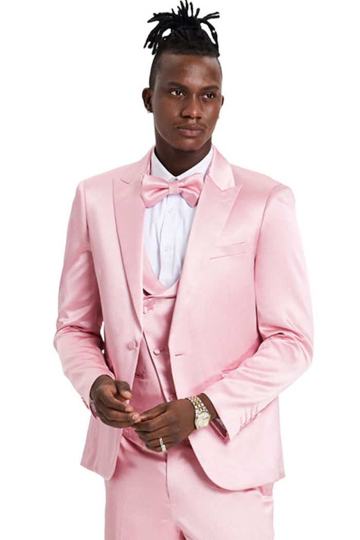"Dusty Rose Men's Sharkskin Prom 2026 & Wedding Suit - One Button Vested Satin"