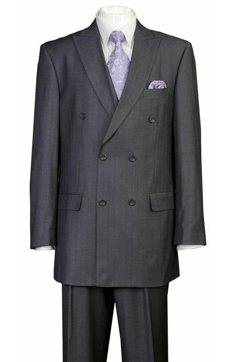 "Grey Pinstripe Men's Classic Double Breasted Peak Lapel Suit"