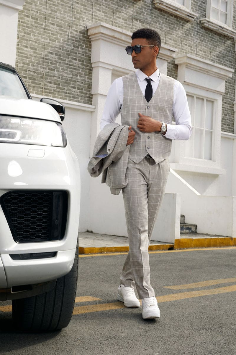 "Mens Stacy Adams Suit -Stacy Adams  Suit Men's Light Grey Plaid Vested Business Suit - Two Button"