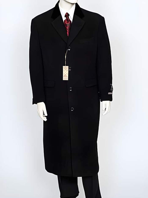 Mens Black Overcoat - Men's Dress Coat Black Velvet Notch Collar Wool/Cashmere 4 Button Overcoat