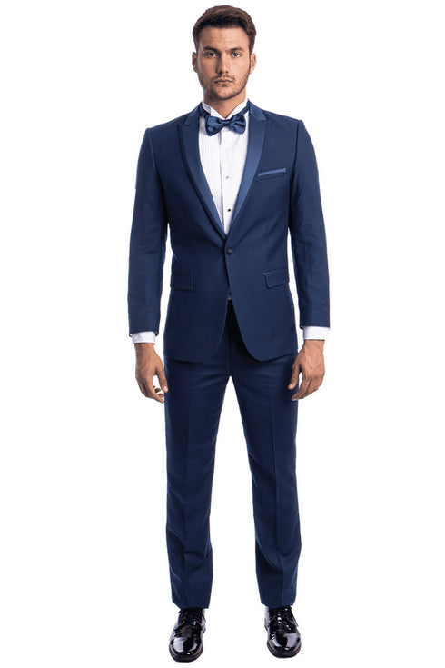 Men's Slim Fit One Button Satin Trim Peak Lapel Prom & Wedding Tuxedo In Cobalt Blue