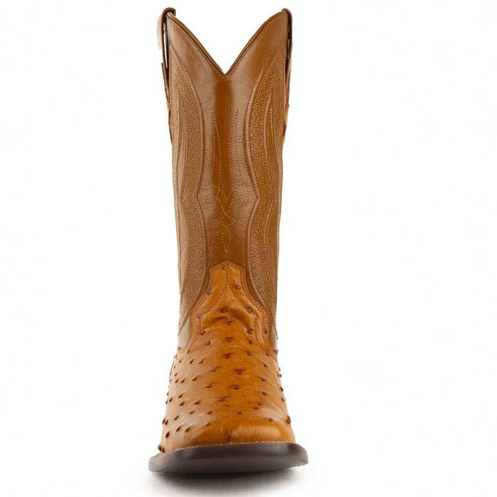 Ferinni Boot - Mens Dress Cowboy Boot  - Ferrini Men's Colt Full Quill Ostrich Square Toe Boots Handcrafted - Cognac