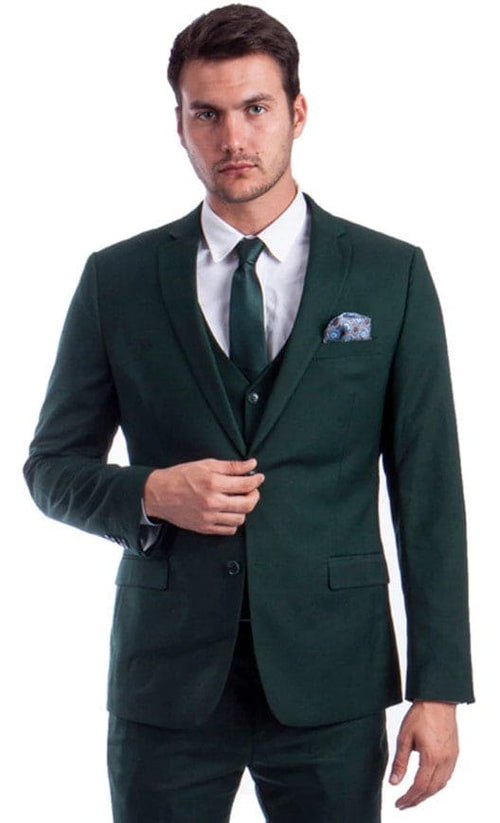 Men's Two Button Slim Fit Notch Lapel Vested Solid Basic Color Suit in Forest Green