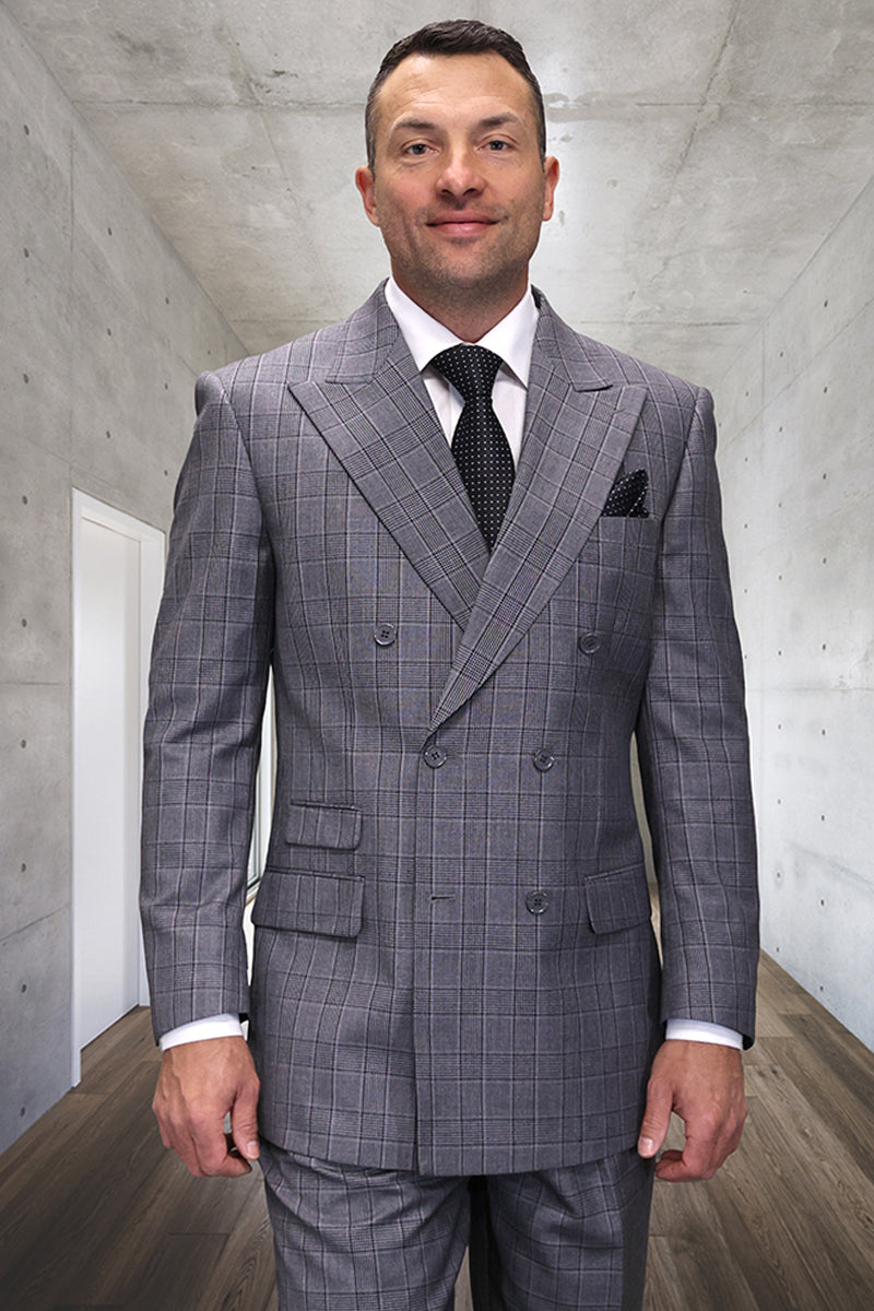 Men's classic fit, double-breasted wool suit. Black plaid with a structured silhouette, prominent lapels, and a gray/black checkered pattern. Designer quality.
