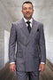 Men's classic fit, double-breasted wool suit. Black plaid with a structured silhouette, prominent lapels, and a gray/black checkered pattern. Designer quality.
