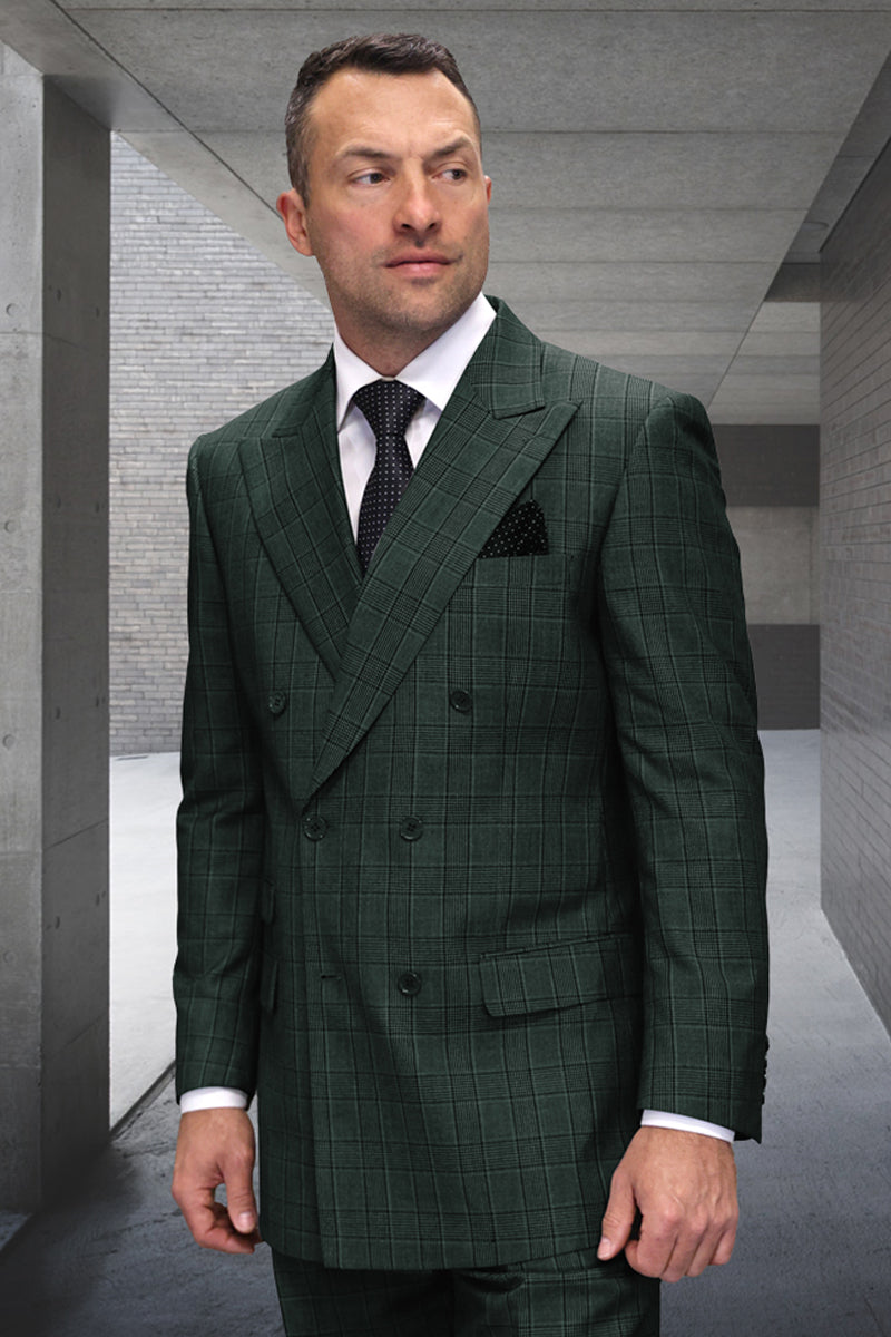 Men's hunter green plaid wool suit. Classic fit, double-breasted with wide lapels. Features a structured silhouette, checkered pattern, and tailored fit with six buttons & two pockets. Dark green with light/dark tones.
