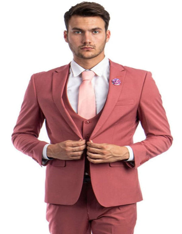 Men's One Button Peak Lapel Solid Vest in Coral Pink Slim Fit Suit