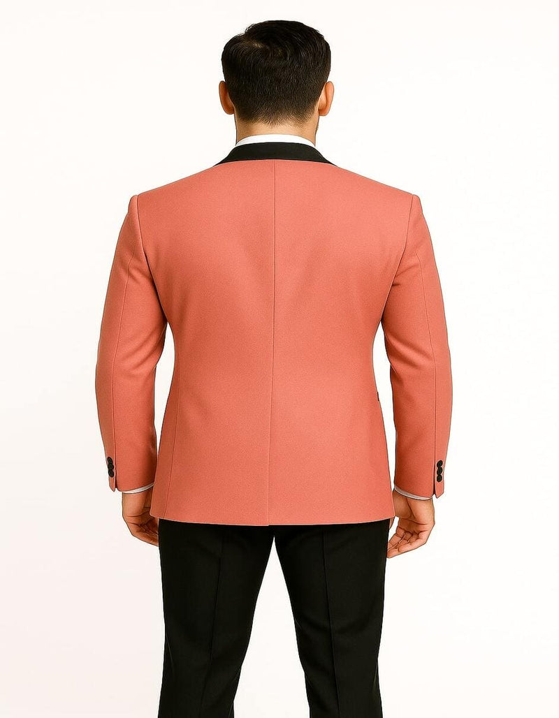 Mens Coral Pink Tuxedo Jacket with Black Satin Shawl Lapel Velvet Fabric - Modern Slim Fit Formal Blazer