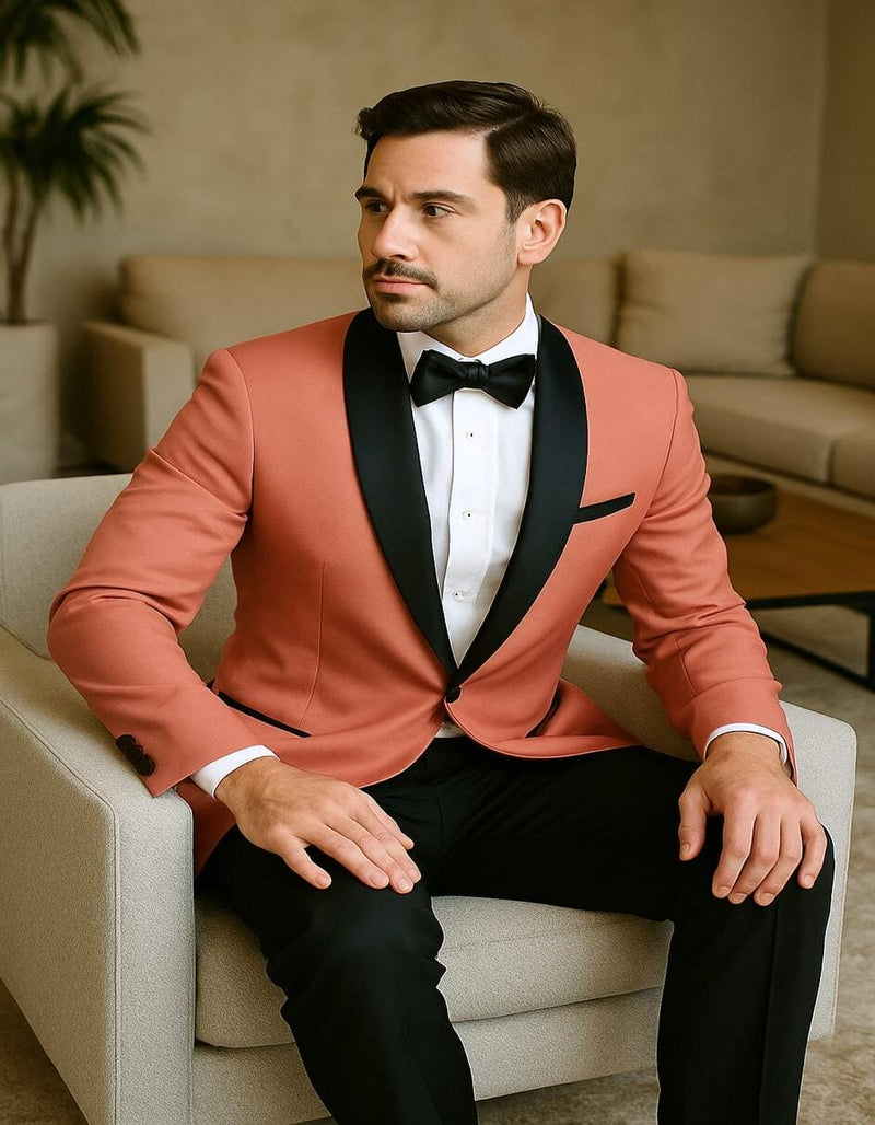 Mens Coral Pink Tuxedo Jacket with Black Satin Shawl Lapel Velvet Fabric - Modern Slim Fit Formal Blazer