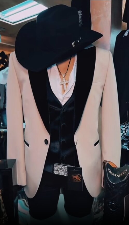 Mens Western Tuxedo Suit – Cream Cowboy Blazer with Black Velvet Vest and Satin Shawl Lapel